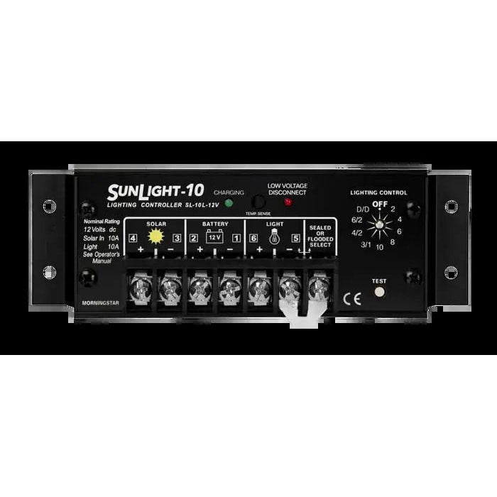 Front interface of Morningstar SunLight 12V 10A solar lighting controller with terminal labels and rotary dial