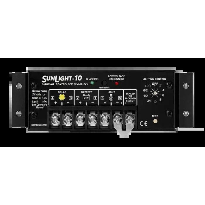 Morningstar SunLight 10A 24V solar lighting controller with screw terminals and rotary control dial