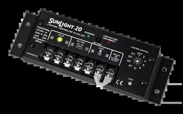 Morningstar SunLight 24V 20A solar lighting controller featuring status LEDs and rotary control dial