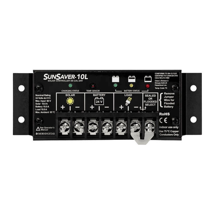 Morningstar SunSaver 10A 24V solar charge controller with screw terminals and status LEDs