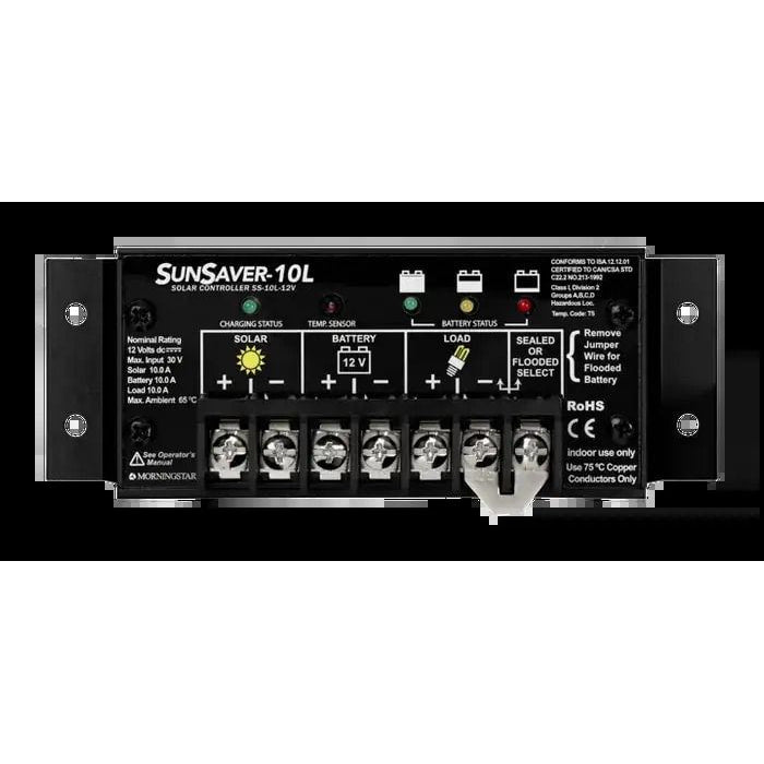 Front view of Morningstar Sunsaver 10L solar charge controller with LED indicators and screw terminals