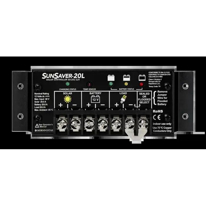 Morningstar SunSaver 20A 12V solar charge controller with LED indicators and screw terminal block