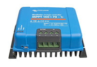 Angled view of BlueSolar MPPT 150/70-Tr showing bottom terminal block and large black heat sink fins