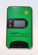 Front view of MPPT solar charge controller with green casing and LCD display