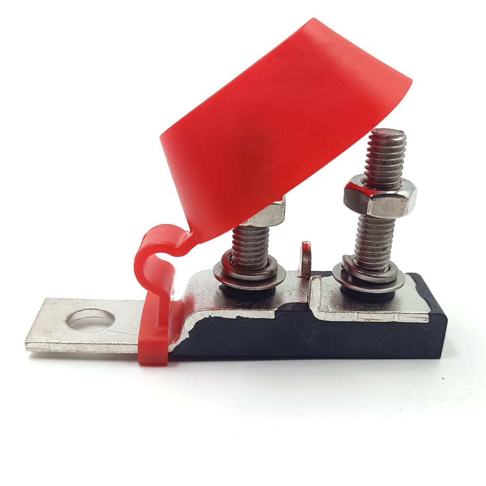 Side view of dual terminal fuse block with open red protective cover and two M8 studs