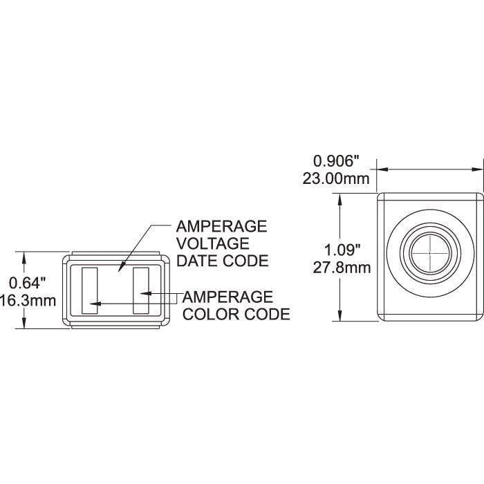 Technical diagram of MRBF fuse dimensions measuring 23mm width, 27.8mm length and 16.3mm height