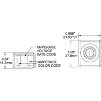 Technical dimensional drawing of 50A terminal fuse showing height, width and label placement