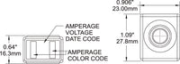 Technical diagram showing fuse dimensions of 16.3mm height, 23mm width and 27.8mm length