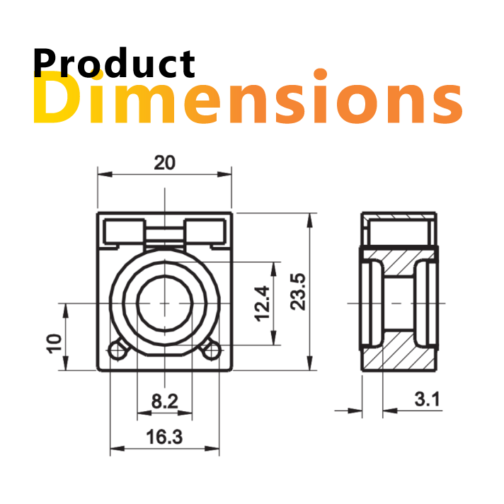Technical drawing of MRBF fuse dimensions showing 20mm width and 23.5mm height