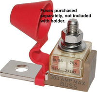 Single terminal fuse block with red insulating cap open revealing the mounting stud and example fuse