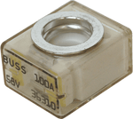 Angled view of 100A MRBF terminal fuse with clear housing and silver ring terminal