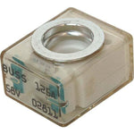 Close-up of marine terminal fuse with translucent body and metal ring, marked 125A and 58V