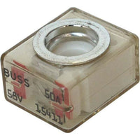 Angled view of Blue Sea MRBF terminal fuse with clear casing showing 50A and 58V markings