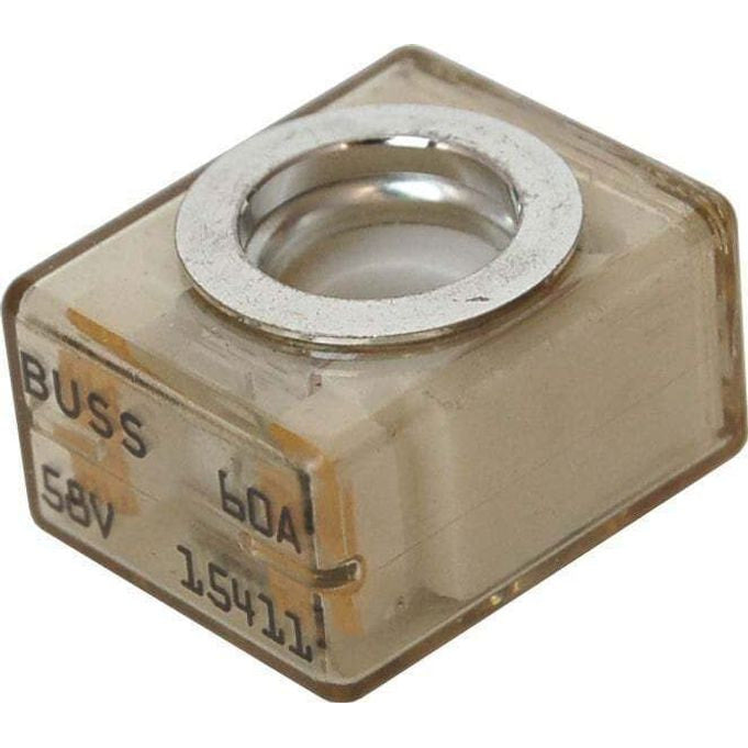 Angled view of 60A MRBF terminal fuse showing clear housing and 58V rating stamp