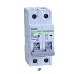 Angled view of Noark 2-pole non-polarised DC circuit breaker showing grey toggle switch and terminal screws