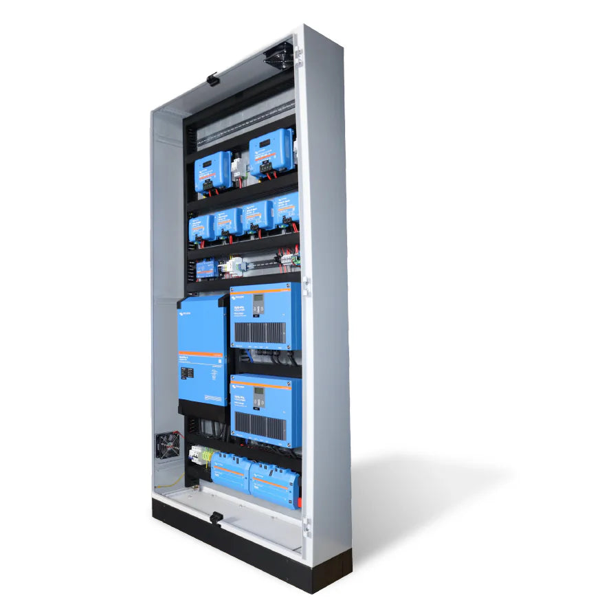 Open grey cabinet containing Victron Energy power components mounted on a black frame