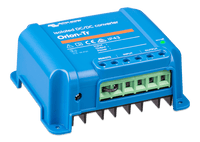 Angled view of the IP43 rated blue housing of the Victron DC-DC converter