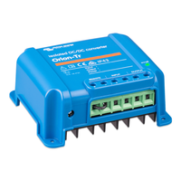 Angled view of the IP43 rated blue housing of the Victron DC-DC converter