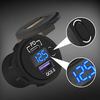 Graphic with magnified callouts showing the power button and the blue digital voltmeter display