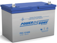 12V 105Ah AGM deep cycle battery with blue lid and integrated carry handles