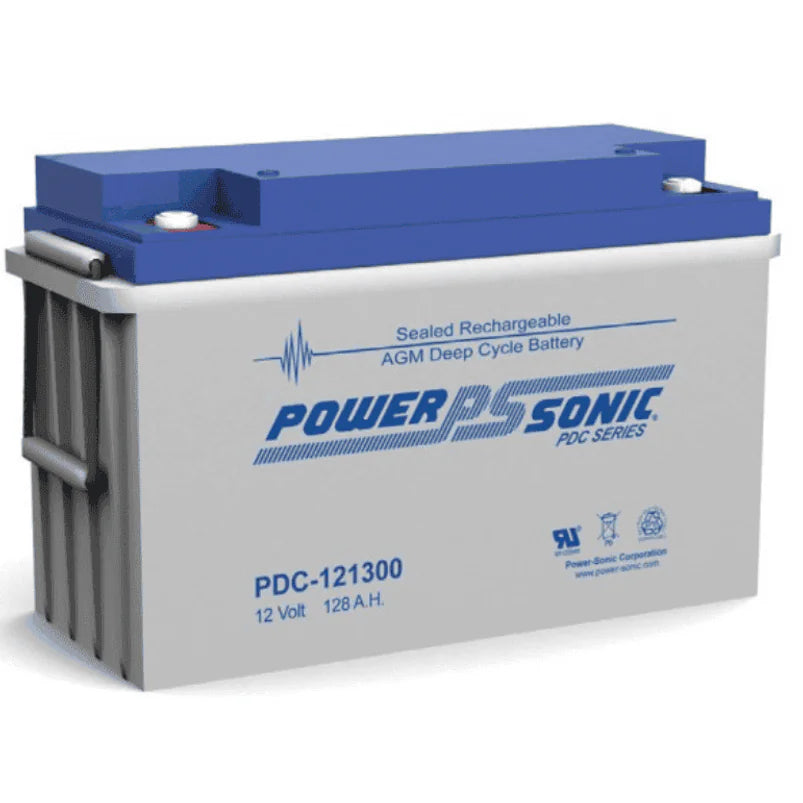 Power-Sonic 12V 128Ah AGM deep cycle battery with blue lid and dual terminals