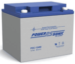 Power-Sonic 12V 48Ah AGM deep cycle battery with blue lid and grey casing