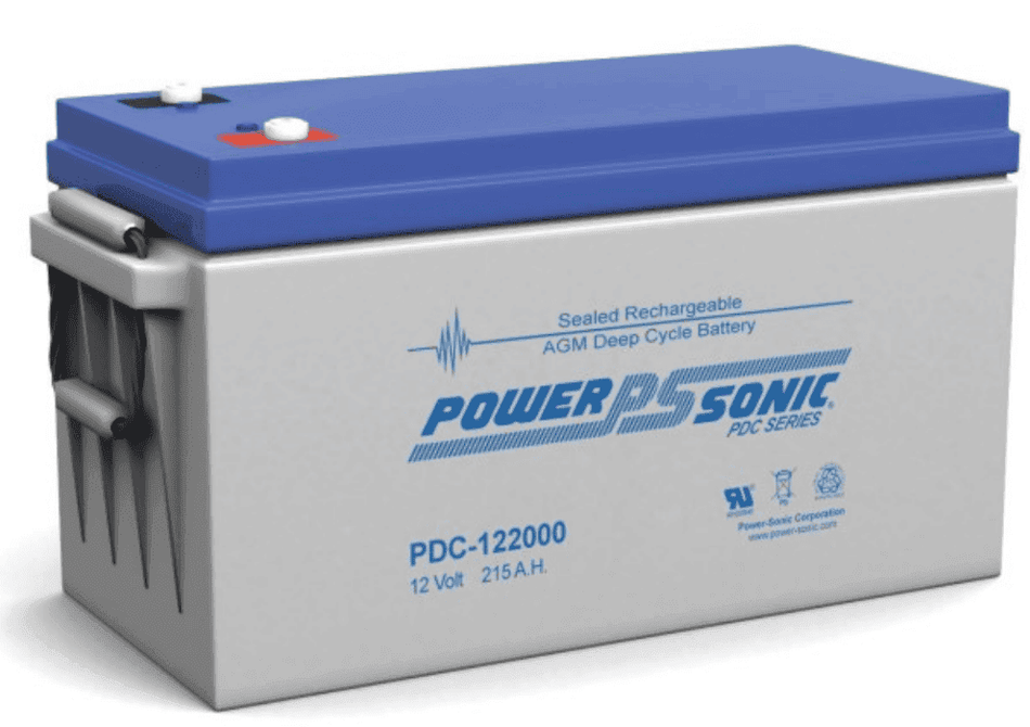 Power-Sonic 12V 215Ah AGM deep cycle battery with grey body, blue lid and integrated handles