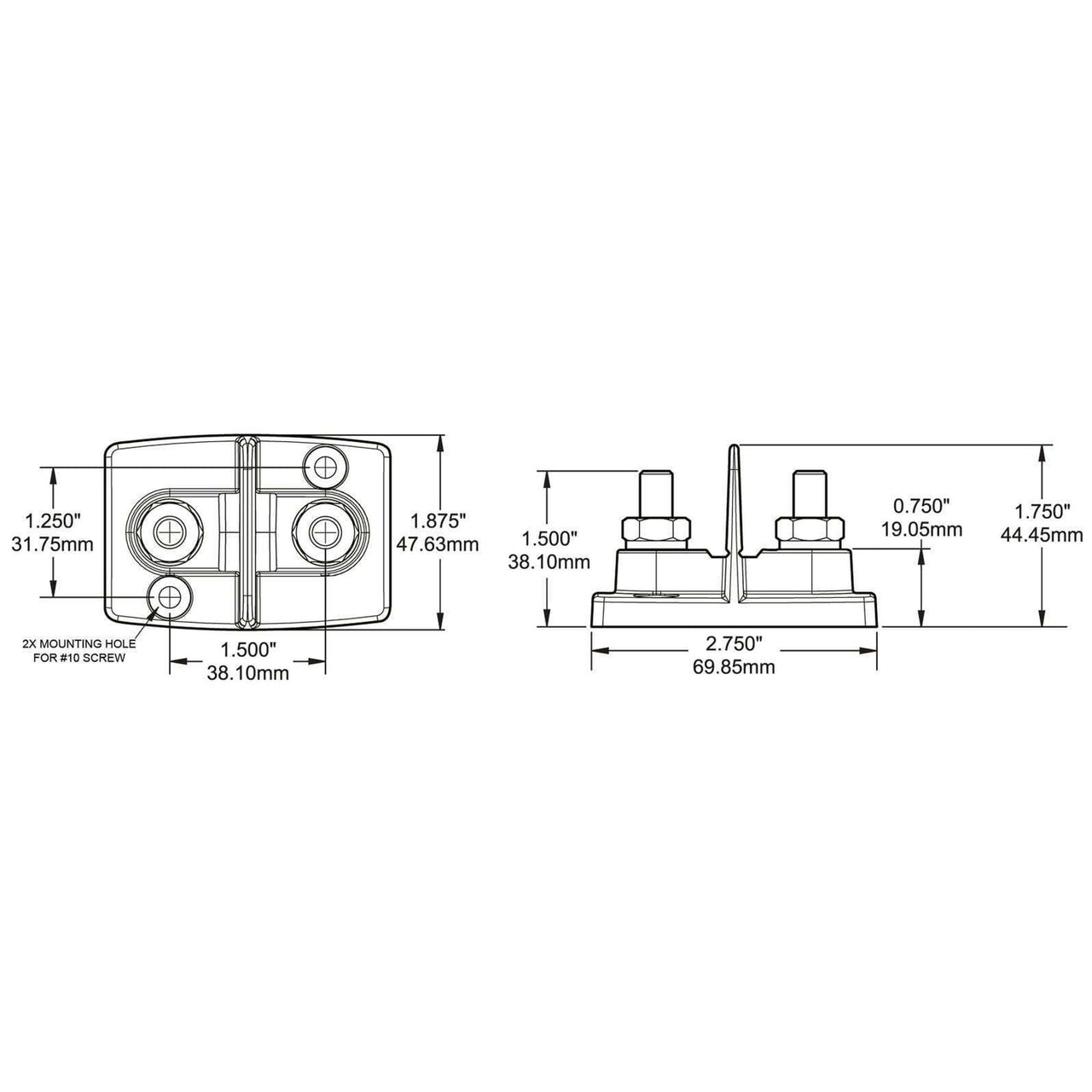 Technical dimension drawing showing top and side views with metric and imperial measurements