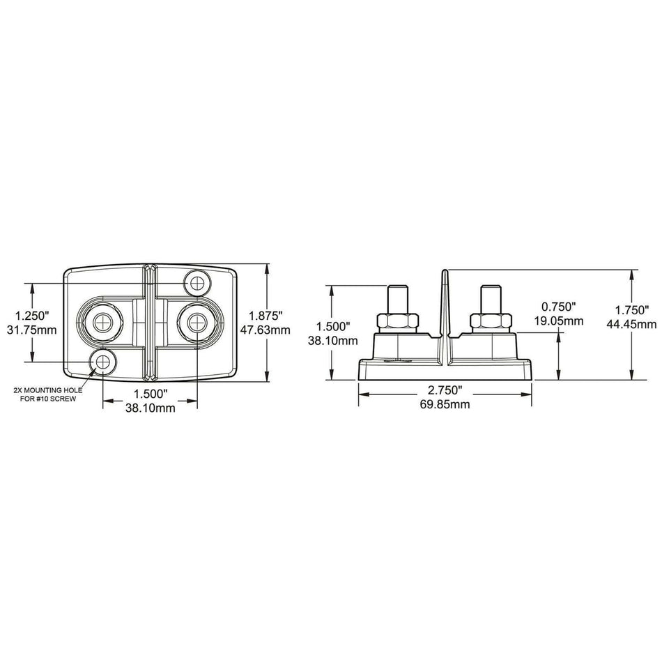 Technical dimension drawing showing top and side views with metric and imperial measurements