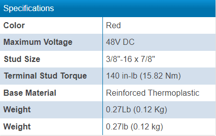 Technical specifications table showing voltage, stud size, torque and weight