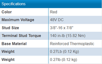 Technical specifications table showing voltage, stud size, torque and weight