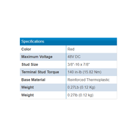 Technical specifications table showing voltage, stud size, torque and weight