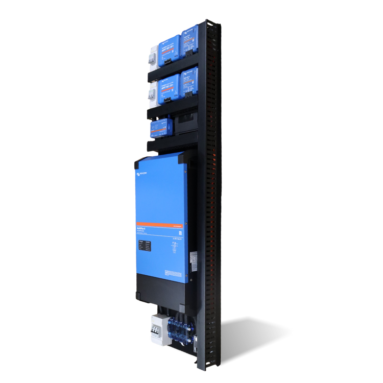 Angled side view of pre-wired Victron power board showing stacked components and cable ducting