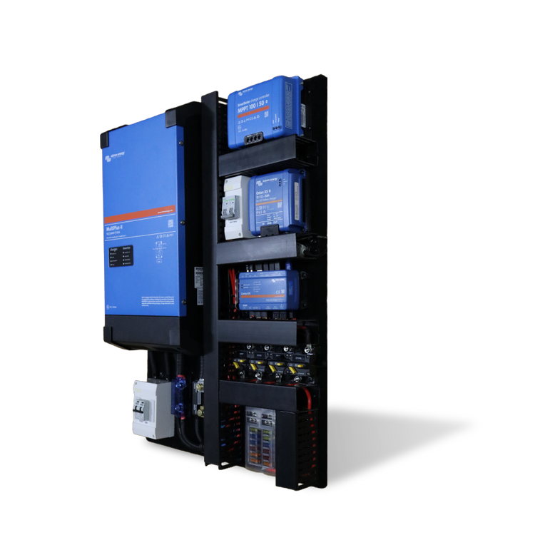 Angled side view of pre-wired Victron power board showing mounting depth and cable management