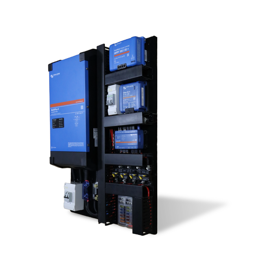 Angled side view of pre-wired Victron power board showing mounting depth and cable management