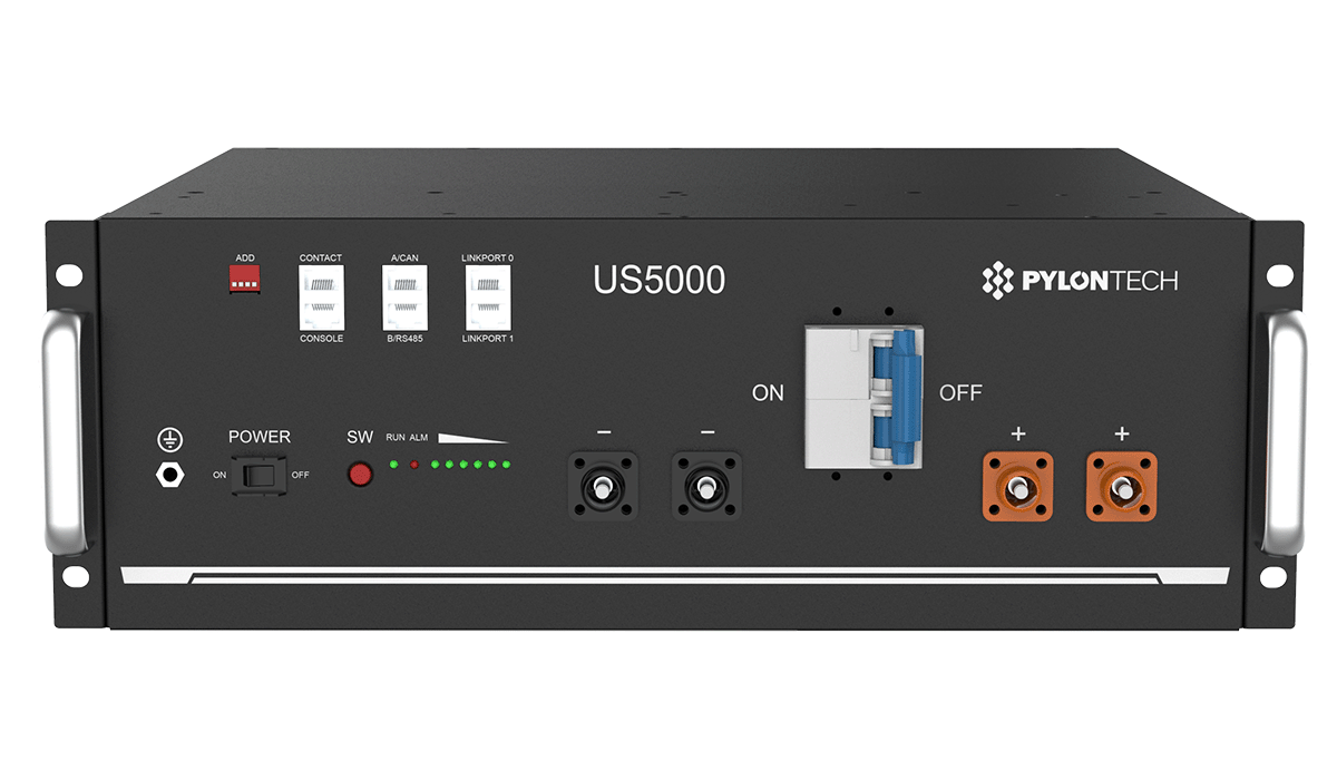 Front interface of a Pylontech US5000 48V rack-mounted lithium battery module showing ports and terminals