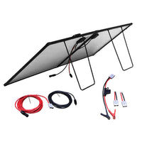 Rear of solar panel displaying wiring, legs and connection accessories