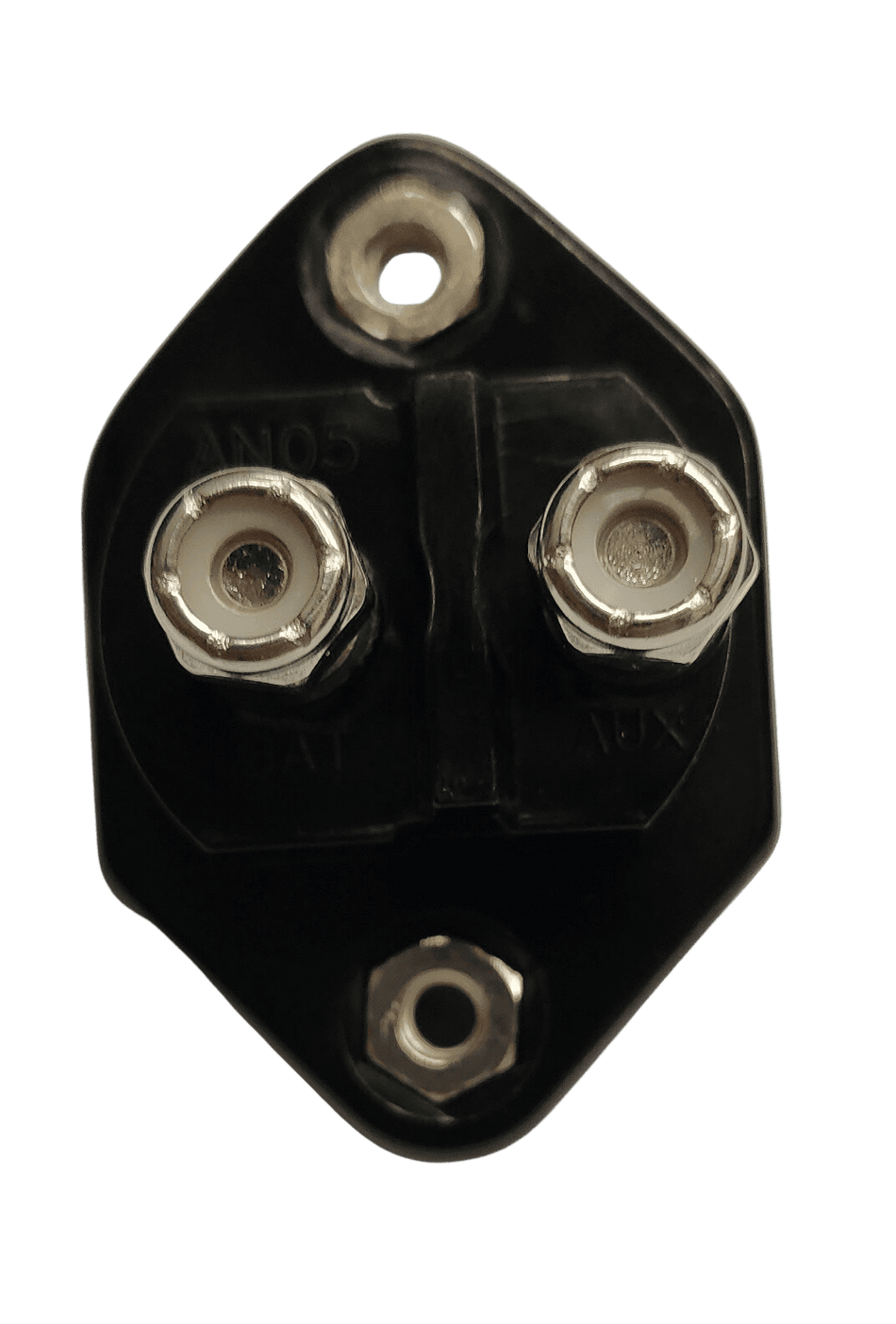 Rear view of circuit breaker housing showing two threaded stainless steel stud terminals for electrical connection