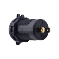 Rear of socket housing displaying positive and negative spade terminals for DC 12V-24V input
