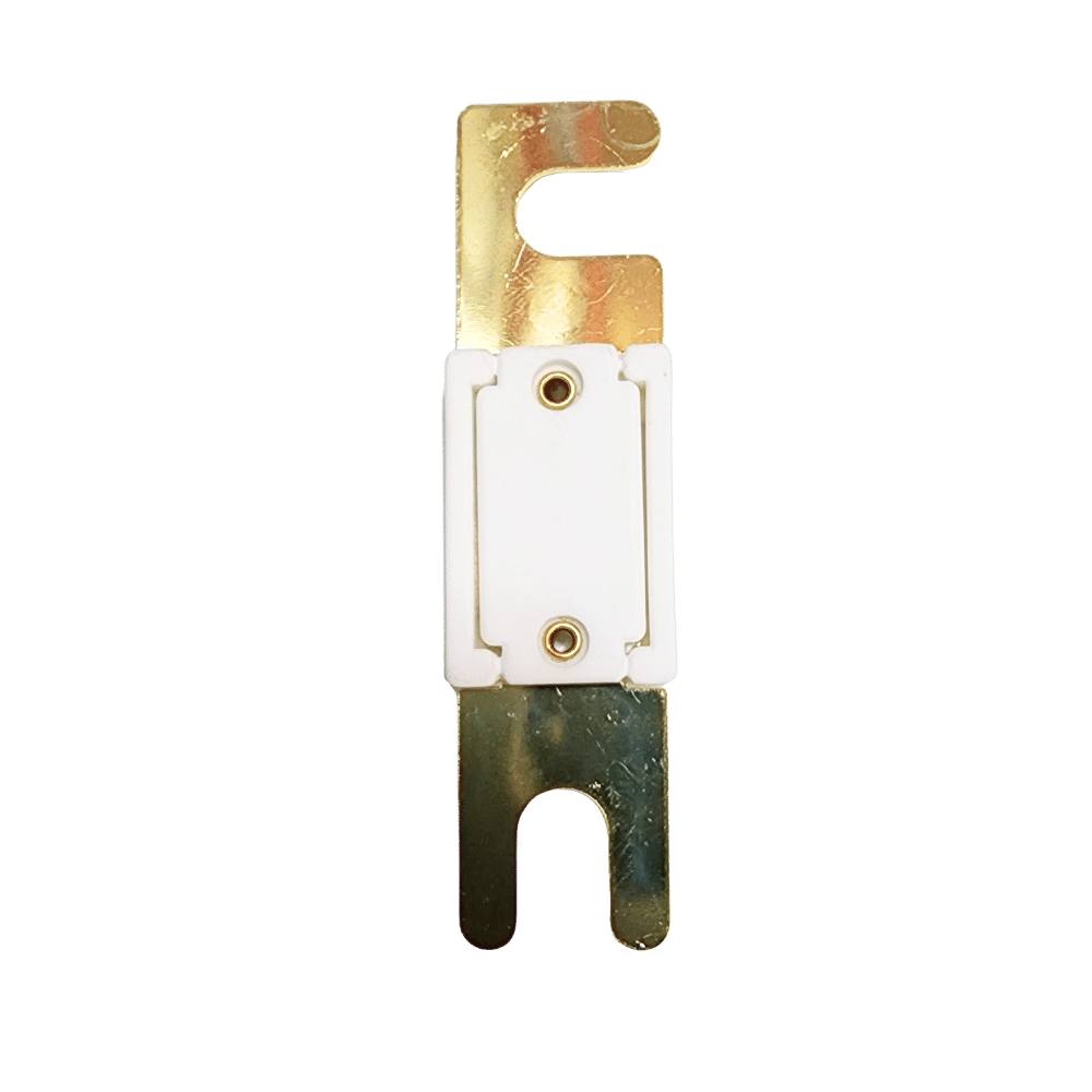 Bottom view of ANL fuse showing solid gold-plated copper alloy terminals and white ceramic body