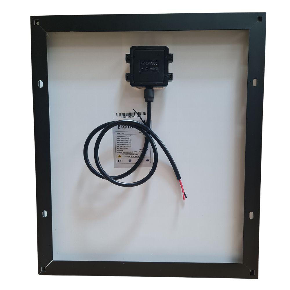 Rear view of 20W solar panel showing junction box, specs label and mounting holes