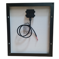 Rear view of 20W solar panel showing junction box, specs label and mounting holes