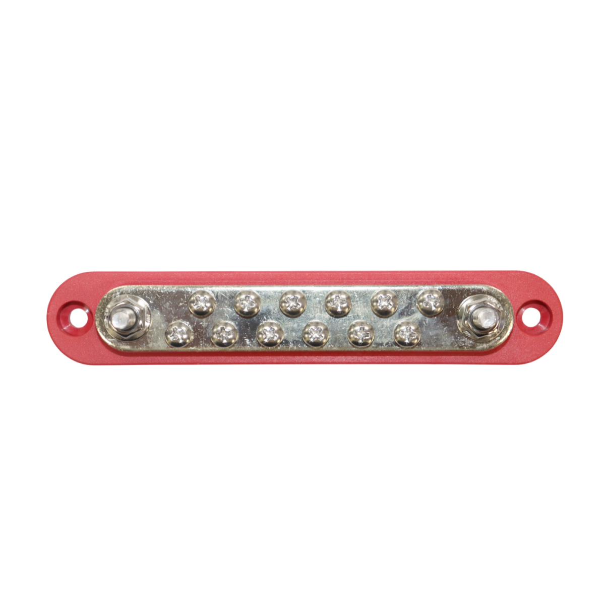 Top-down view of red 150A busbar showing 2 M6 studs, 12 screw terminals and mounting holes