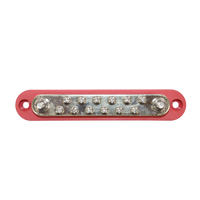 Top-down view of red 150A busbar showing 2 M6 studs, 12 screw terminals and mounting holes
