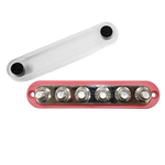 Red 300A busbar with six M10 studs and a detached clear protective cover next to it