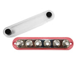 Red 300A busbar with six M10 studs and a detached clear protective cover next to it
