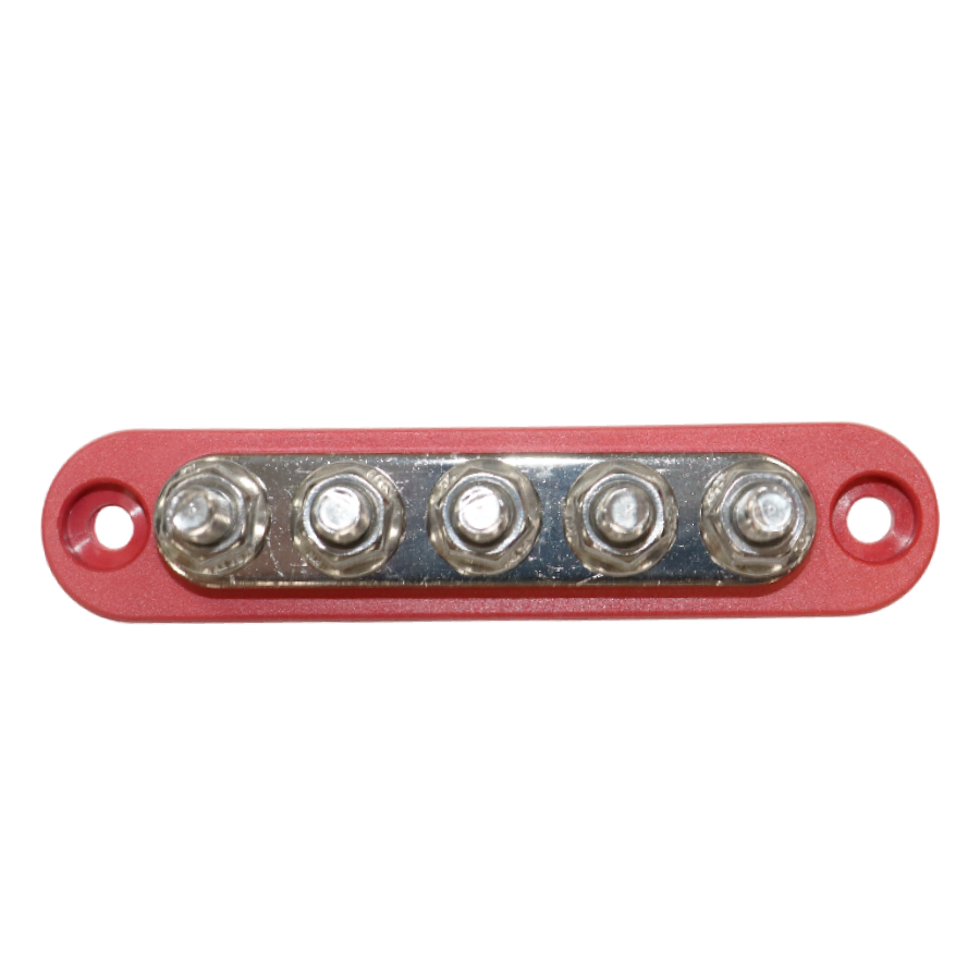 Top-down view of red busbar showing five tin-plated copper studs