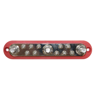 Top-down view of 300A busbar showing three large studs and ten screw terminals