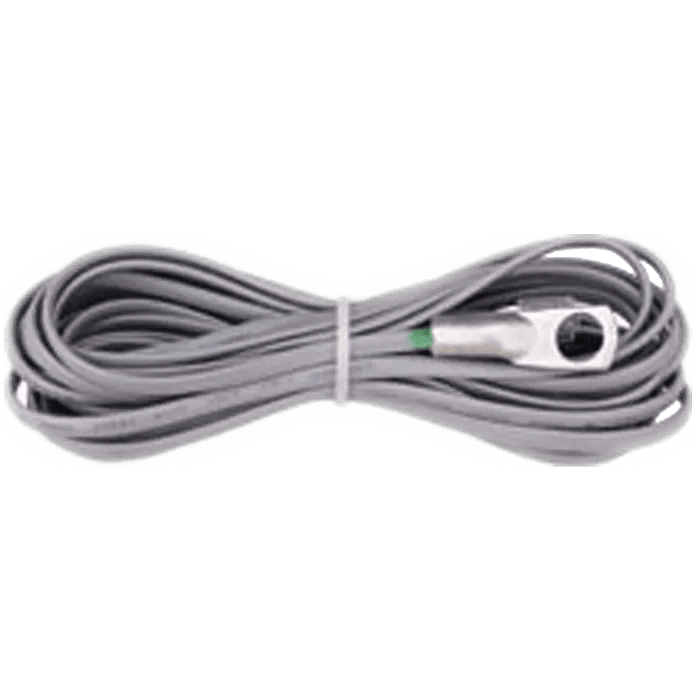 Coiled grey temperature sensor cable with metal ring terminal lug