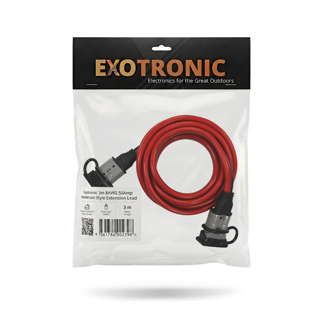 Retail packaging for Exotronic 3m 8AWG extension lead showing specifications and barcode